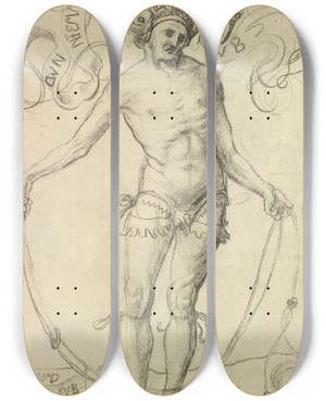 Triptych art skateboard deck of Niklaus Manuel Der Hahnrei by Niklaus Manuel (1484-1530)
