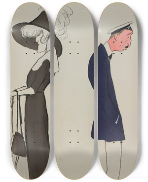 Triptych art skateboard deck of Georges Goursat Sem Mme Gugenheim M Denfertrochereau by Georges Goursat (Sem) (1863-1934)