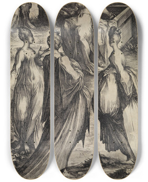 Triptych art skateboard deck of Jacques Bellange Die Drei Marien Am Grabe Christi by Jacques Bellange (1575-1616)