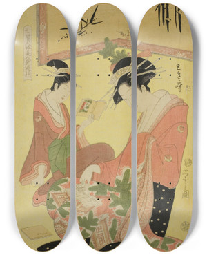 Triptych art skateboard deck of Chbunsai Eishi Beauties Parodying The Seven Sages A Selection Of Younger Courtesans Shichi Kenjin Yatsushi Bijin Shinzo Zoroe Tokiuta Of The Chojiya by Chobunsai Eishi (1756-1829)