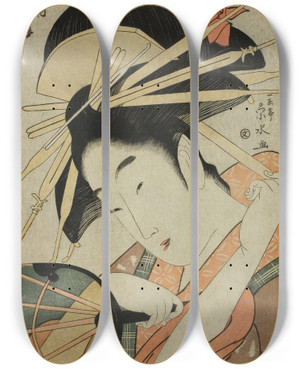 Triptych art skateboard deck of Ichirakutei Eisui The Courtesan Hanaogi Of The Ogiya by Ichirakutei Eisui (1793-1801)