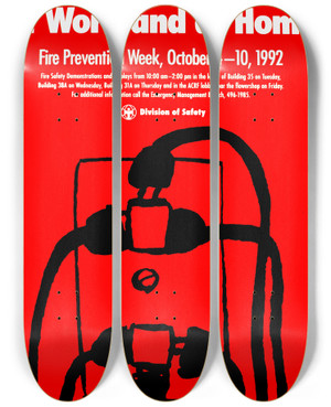 Triptych art skateboard deck of National Institutes Of Health Avoid Fire Hazards At Work And At Home by National Institutes Of Health (1887)