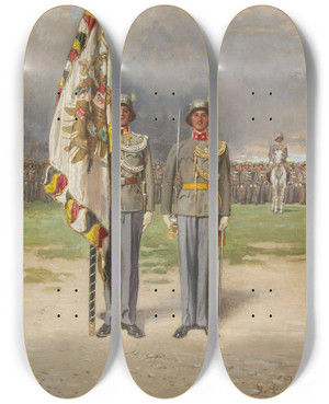 Triptych art skateboard deck of Alexander Pock Leutnant Und Fahnentrger Des Gardebataillons by Alexander Pock (1871-1950)