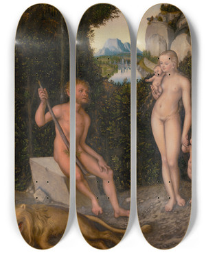 Triptych art skateboard deck of Lucas Cranach The Elder A Faun And His Family With A Slain Lion by Lucas Cranach The Elder (1472-1553)