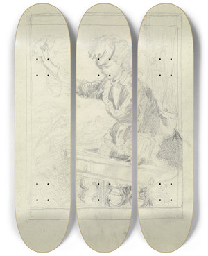 Triptych art skateboard deck of Otto Scholderer Frau Auf Balkon Winkend by Otto Scholderer (1834-1902)