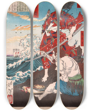 Triptych art skateboard deck of Tsukioka Yoshitoshi Chinzei Hachir Tametomo And Oniyashi On A Beach by Tsukioka Yoshitoshi (1839-1892)