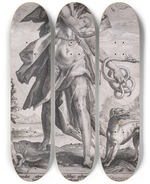 Triptych art skateboard deck of Jacob Matham Envy by Jacob Matham (1571-1631)
