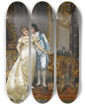 Triptych art skateboard deck of Vittorio Reggianini Flirtation by Vittorio Reggianini (1858-1938)
