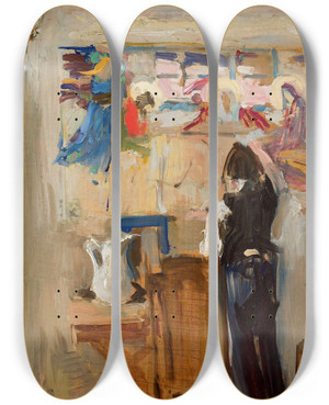 Triptych art skateboard deck of Konrad Krzyanowski Painter Janusz Nawroczyski In The Studio Sketch by Konrad Krzyzanowski (1872-1922)