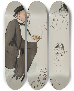 Triptych art skateboard deck of Georges Goursat Sem Comte Hallezclaparde Me Poulet James Hennessy by Georges Goursat (Sem) (1863-1934)