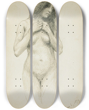Triptych art skateboard deck of Frank Duveneck Female Nude by Frank Duveneck (1848-1919)