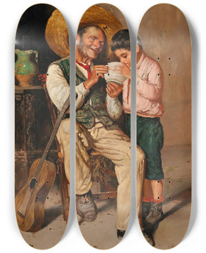Triptych art skateboard deck of Giuseppe Giardiello A Good Drink by Giuseppe Giardiello (1877-1920)