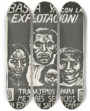 Triptych art skateboard deck of Rachael Romero Basta Ya Con La Explotacion by Rachael Romero (1953)
