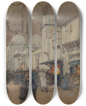 Triptych art skateboard deck of Luigi Loir La Rue Des Nations Lexposition Universelle De 1900 by Loir Luigi (1845-1916)