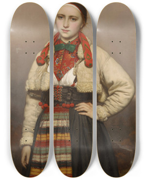 Triptych art skateboard deck of Jozef Van Lerius Jeune Fille De La Paroisse De Rattvik Dans Dalarne Sude by Jozef Van Lerius (1823-1876)