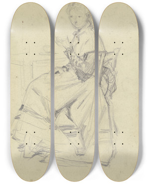 Triptych art skateboard deck of Otto Scholderer Luise Scholderer Am Tisch Sitzend_2 by Otto Scholderer (1834-1902)