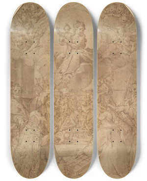 Triptych art skateboard deck of Federico Zuccaro The Virgin And Child Appearing To Saint Peter Saint Damasus Saint Lawrence And Saint Paul The Martyrdom Of Saint Lawrence In The Background by Federico Zuccaro (1542-1609)