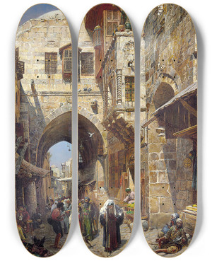 Triptych art skateboard deck of Gustav Bauernfeind David Street Jerusalem by Gustav Bauernfeind (1848-1904)