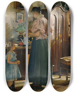 Triptych art skateboard deck of Gustav August Hessl Vesperzeit by Gustav August Hessl (1849-1926)