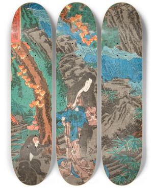 Triptych art skateboard deck of Utagawa Kuniyoshi On The Way To Kyoto Minamoto No Raik Meets Kaidmaru In The Ashigara Mountains Of Sagami Province And Takes Him As A Retainer by Utagawa Kuniyoshi (1797-1861)
