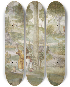 Triptych art skateboard deck of Bernardino Luini Cephalus Hiding The Jewels by Bernardino Luini (1480-1532)