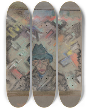 Triptych art skateboard deck of Arnold Peter Weiszkubnan Bust Of A Man In A Hat With Decorative Background_2 by Arnold Peter Weisz-Kubnan (1898-1944)