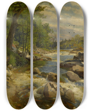 Triptych art skateboard deck of Peder Mrk Mnsted A Fast Flowing River by Peder Mork Monsted (1859-1941)