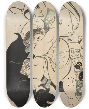 Triptych art skateboard deck of Katsukawa Shunei Untitled Kintar Playing by Katsukawa Shunei