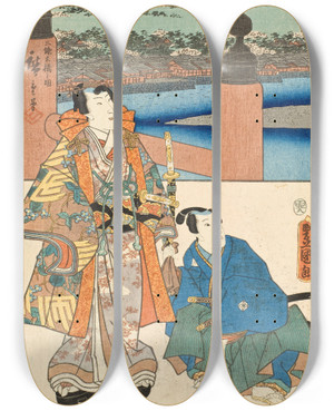 Triptych art skateboard deck of Utagawa Kunisada Toyokuni Iii Kyoto The End by Utagawa Kunisada (Toyokuni III) (1786-1865)