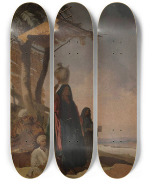 Triptych art skateboard deck of Stanisaw Chlebowski Eastern Genre Scene Under A Palm Tree by Stanislaw Chlebowski (1835-1884)