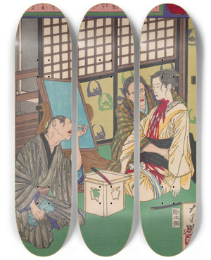 Triptych art skateboard deck of Tsukioka Yoshitoshi The Death Of The Bride Mitsue by Tsukioka Yoshitoshi (1839-1892)