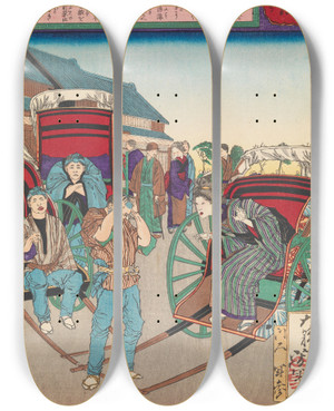 Triptych art skateboard deck of Tsukioka Yoshitoshi The Loyal Wife Koto Recognizes Her Longlost Husband As A Rickshaw Driver by Tsukioka Yoshitoshi (1839-1892)