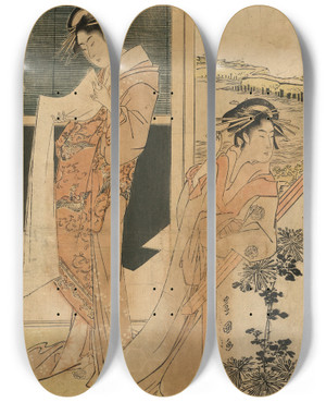 Triptych art skateboard deck of Toyokuni Utagawa Sanya Karitaku No Zu by Toyokuni Utagawa (1769-1825)