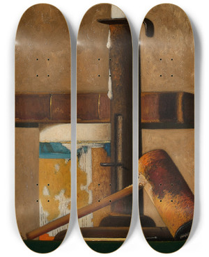 Triptych art skateboard deck of John Frederick Peto Candlestick Mug Pipe And Book by John Frederick Peto (1854-1907)