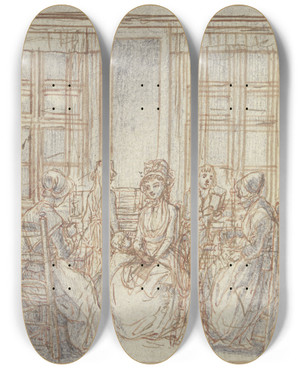 Triptych art skateboard deck of Daniel Nikolaus Chodowiecki In The Middle Of A Room by Daniel Nikolaus Chodowiecki (1726-1801)