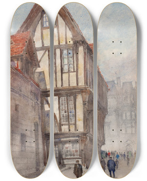Triptych art skateboard deck of Cass Gilbert Old House In Rouen by Cass Gilbert (1859-1934)