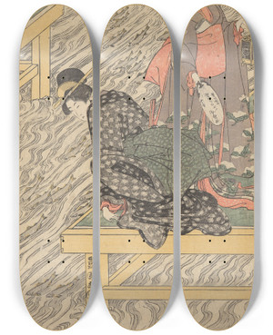Triptych art skateboard deck of Toyokuni Utagawa Women On Wharf Watching Fish by Toyokuni Utagawa (1769-1825)