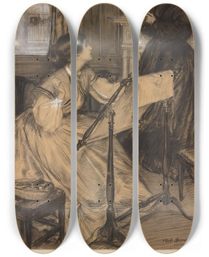 Triptych art skateboard deck of Albert Sterner Lady Tranmore And Mary Lyster by Albert Sterner (1863-1946)