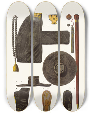 Triptych art skateboard deck of Fedor Grigoryevich Solntsev Klobuk Trost Chetki Brusok Shliapa Sapog I Tufli Patriarkha Nikona Nakhod V Voskresenskom Monastyre by Fedor Grigoryevich Solntsev (1801-1892)