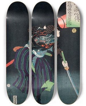 Triptych art skateboard deck of Tsukioka Yoshitoshi Kurahashi Densuke Kiyohara No Takeyuki Holding A Lantern by Tsukioka Yoshitoshi (1839-1892)