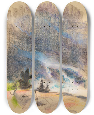 Triptych art skateboard deck of Henry Ericsson Landscape Kringsund by Henry Ericsson (1898-1933)