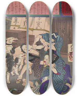 Triptych art skateboard deck of Tsukioka Yoshitoshi Amateur Prostitutes Fighting Over A Client by Tsukioka Yoshitoshi (1839-1892)
