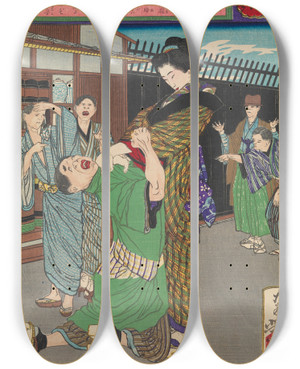 Triptych art skateboard deck of Tsukioka Yoshitoshi Miyamoto Hanako Chastening A Drunkard by Tsukioka Yoshitoshi (1839-1892)