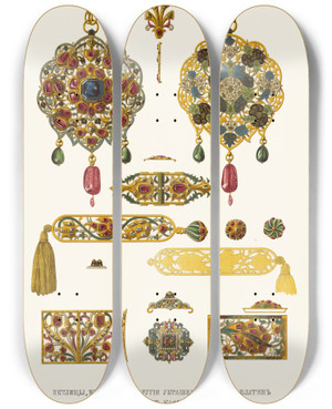 Triptych art skateboard deck of Fedor Grigoryevich Solntsev Petlitsy Pugovitsy I Drugiia Ukrasheniia Tsarskikh Platen I Stanovykh Kaftanov by Fedor Grigoryevich Solntsev (1801-1892)