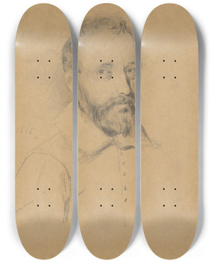 Triptych art skateboard deck of Edwin White Portrait Of An Unidentified Man Sketch For Signing Of The Compact In The Cabin Of Themayflower_1 by Edwin White (1817-1877)