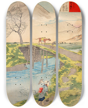 Triptych art skateboard deck of Kobayashi Kiyochika Tsukuba Mountain Seen From Sakura River At Hitachi by Kobayashi Kiyochika (1847-1915)