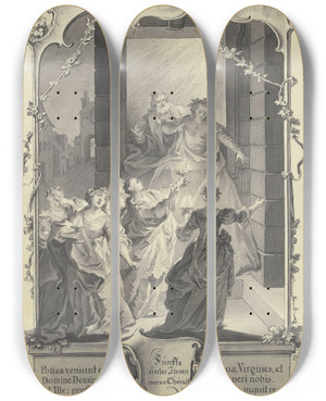 Triptych art skateboard deck of Johann Esaias Nilson Der Brutigam Und Die Fnf Trichten Jungfrauen by Johann Esaias Nilson (1721-1788)
