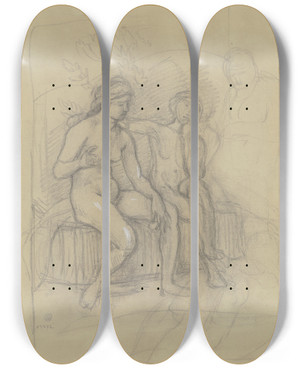 Triptych art skateboard deck of Hans Von Mares Zwei Nebeneinander Sitzende Weibliche Akte by Hans Von Marees (1837-1887)
