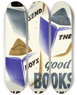Triptych art skateboard deck of Clair Stewart Send The Boys Good Books And Magazines by Clair Stewart (20-)