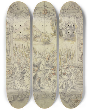 Triptych art skateboard deck of Hans Jakob Dnz Krnung Sauls Durch Samuel by Hans Jakob Dunz (1575-1649)